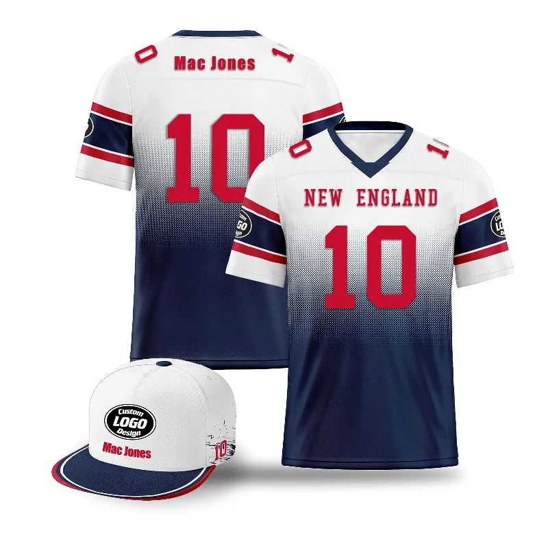 Soccer jersey for amateur teams with custom features-Custom White Blue New England Football Jersey and Hat Combo Offer Personalized Combo ZH-D020326-26