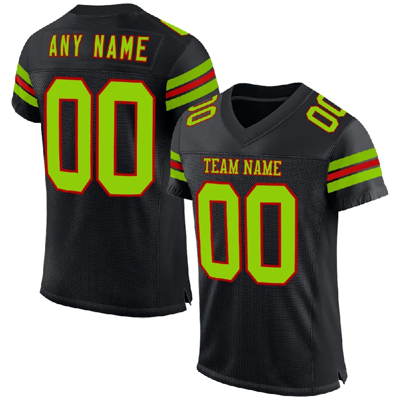 Custom soccer jersey with bright color blocking-Custom Black Neon Green-Red Mesh Authentic Football Jersey