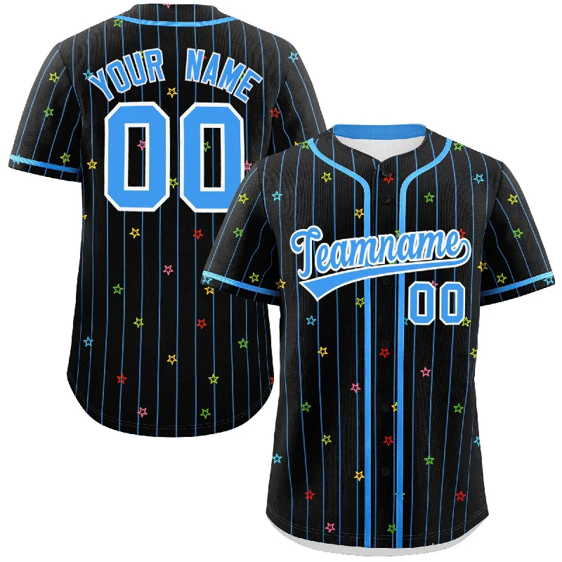 Custom baseball jersey for team players-Custom Black Powder Blue Stripe Fashion Personalized Star Pattern Authentic Baseball Jersey