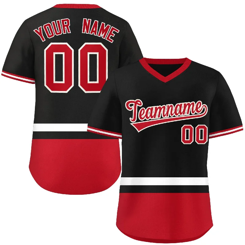 Baseball jersey with vintage team logos for collectors-Custom Black White-Red Color Block Personalized V-Neck Authentic Pullover Baseball Jersey