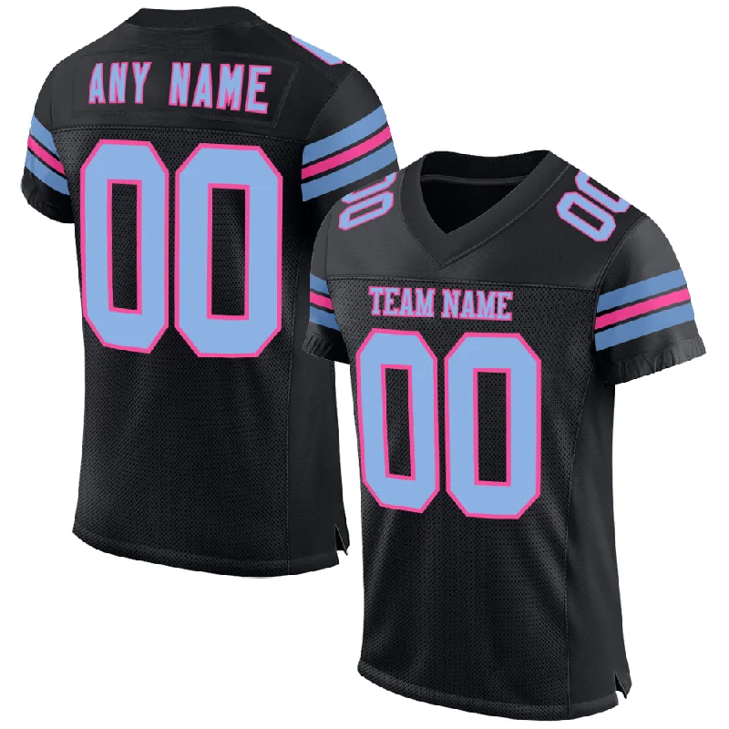 Custom soccer jersey with stripes and bold designs-Custom Black Light Blue-Pink Mesh Authentic Football Jersey