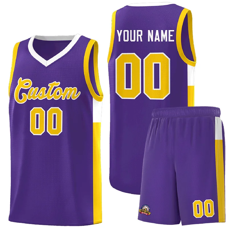 Personalized basketball jersey with team slogans-Custom Purple Gold-White Side Two-Tone Classic Sports Uniform Basketball Jersey