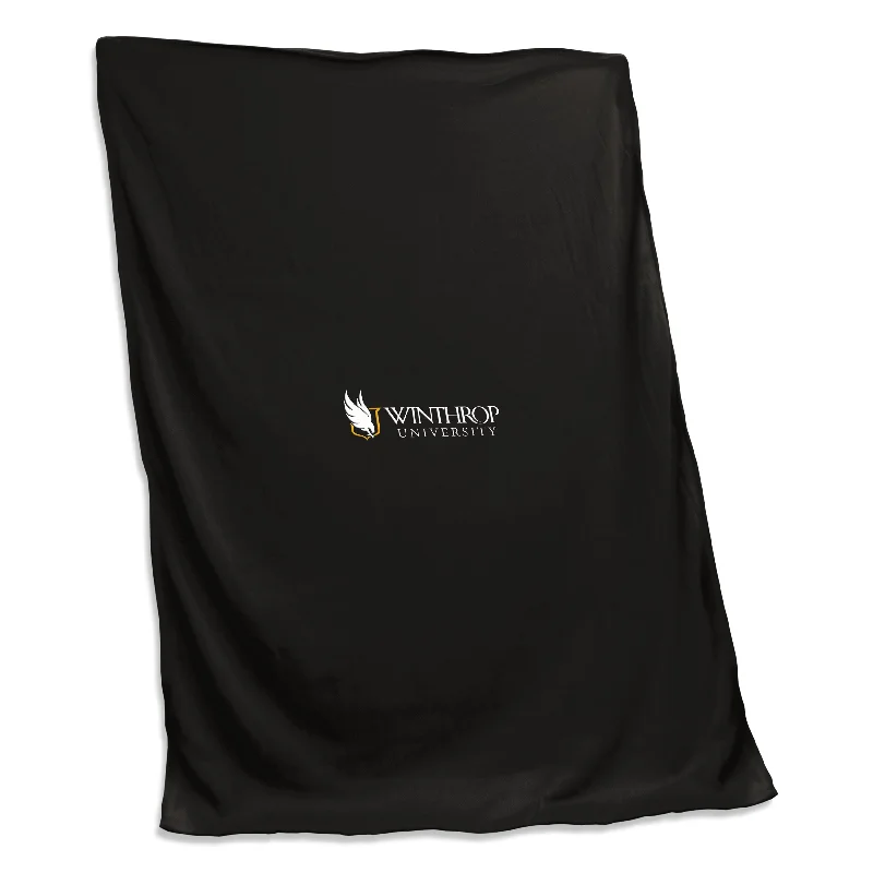 Custom team towels for gym and fitness rooms-Winthrop U Black Screened Sweatshirt Blanket