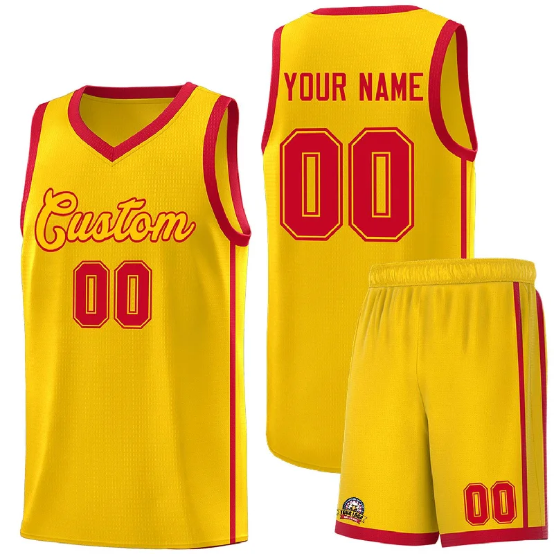 Basketball jersey with deep neck design for ventilation-Custom Gold Red Side Two Bars Sports Uniform Basketball Jersey