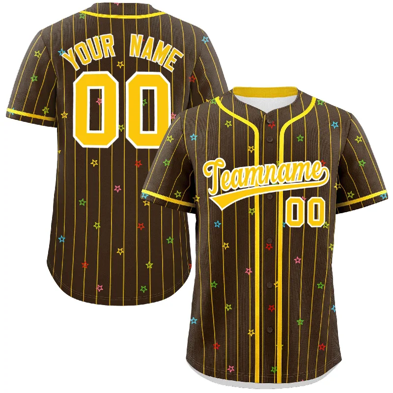 Baseball jersey for fall season with long sleeves-Custom Brown Gold Stripe Fashion Personalized Star Pattern Authentic Baseball Jersey