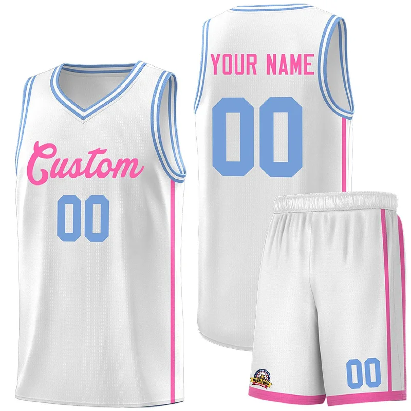 High-performance basketball jersey with advanced fabric technology-Custom White Pink Side Two Bars Sports Uniform Basketball Jersey