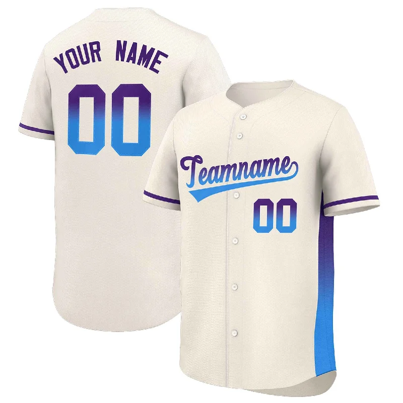 Baseball jersey with stretchable fabric for better movement-Custom Cream Purple-Powder Blue Personalized Gradient Font And Side Design Authentic Baseball Jersey