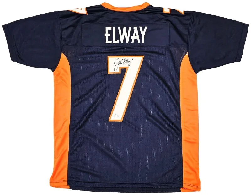 Custom soccer jersey with player name and number-John Elway Denver Signed Navy Blue Football Jersey BAS ITP