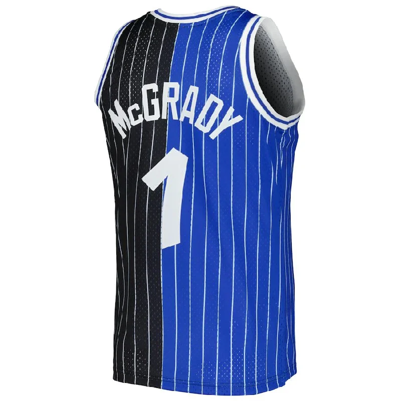 Basketball jersey with zippered collar for comfort-O.Magic #1 Tracy McGrady Mitchell & Ness Hardwood Classics 2003-04 Split Swingman Jersey BlueBlack Stitched American Basketball Jersey