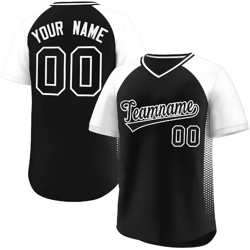 Custom baseball jersey for fundraising sports events-Custom Black White Raglan Sleeves Side Spot Authentic Pullover Baseball Jersey