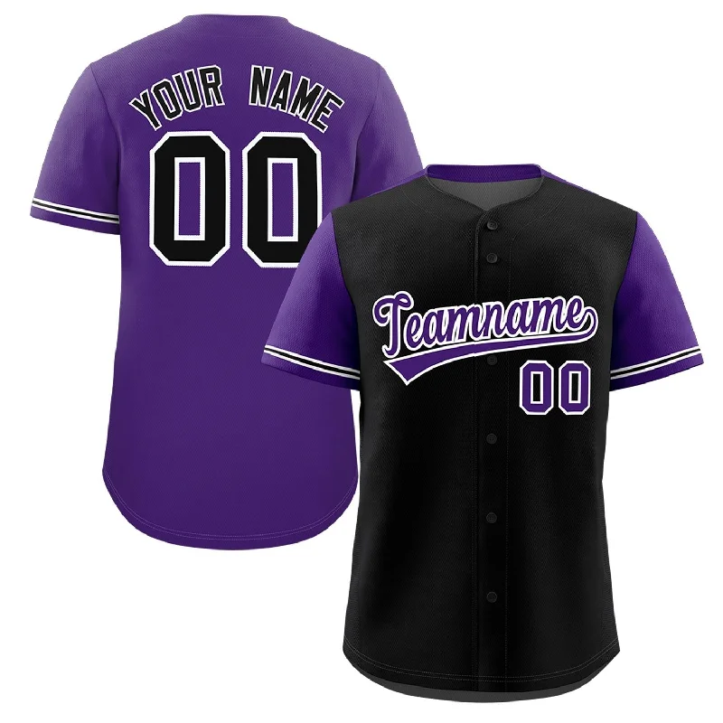 Premium baseball jersey for professional teams-Custom Black Purple Color Block Personalized Raglan Sleeves Authentic Baseball Jersey