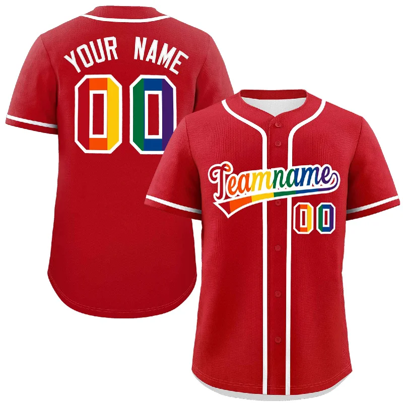 Personalized baseball jersey with player-specific logos-Custom Red LGBT Rainbow For Pride Month Classic Style Authentic Baseball Jersey