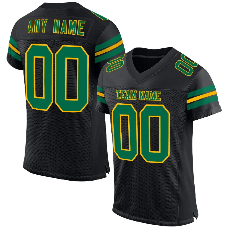 Soccer jersey with full-sleeve design for cold weather-Custom Black Kelly Green-Gold Mesh Authentic Football Jersey