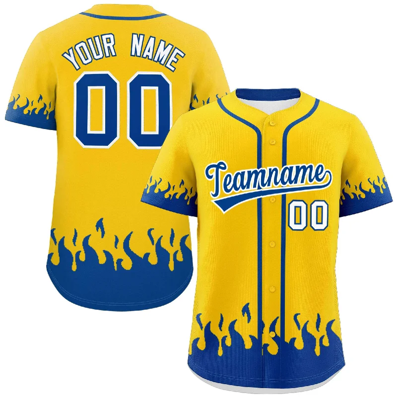 Youth baseball jersey with custom number-Custom Gold Royal Personalized Flame Graffiti Pattern Authentic Baseball Jersey