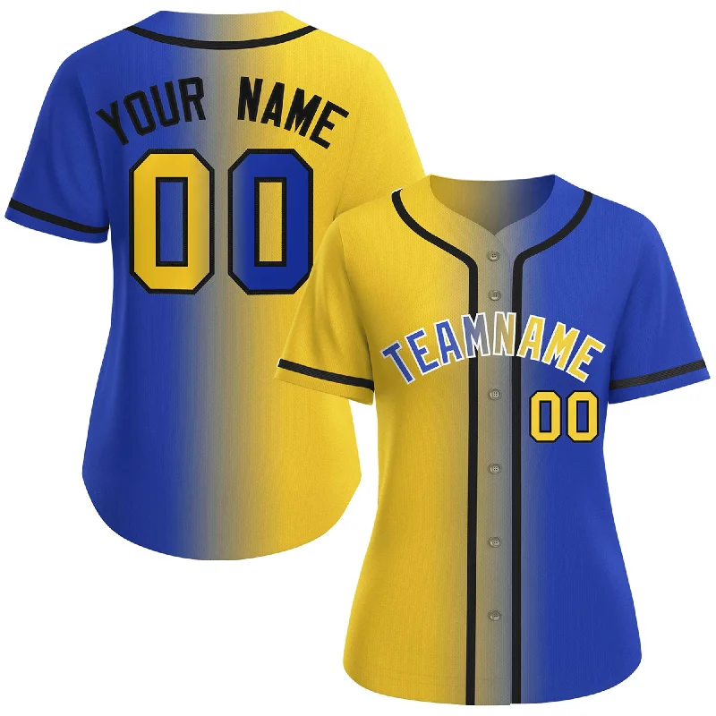 Baseball jersey with vibrant colors for game day-Custom Gold Royal-White Gradient Fashion Baseball Jersey For Women