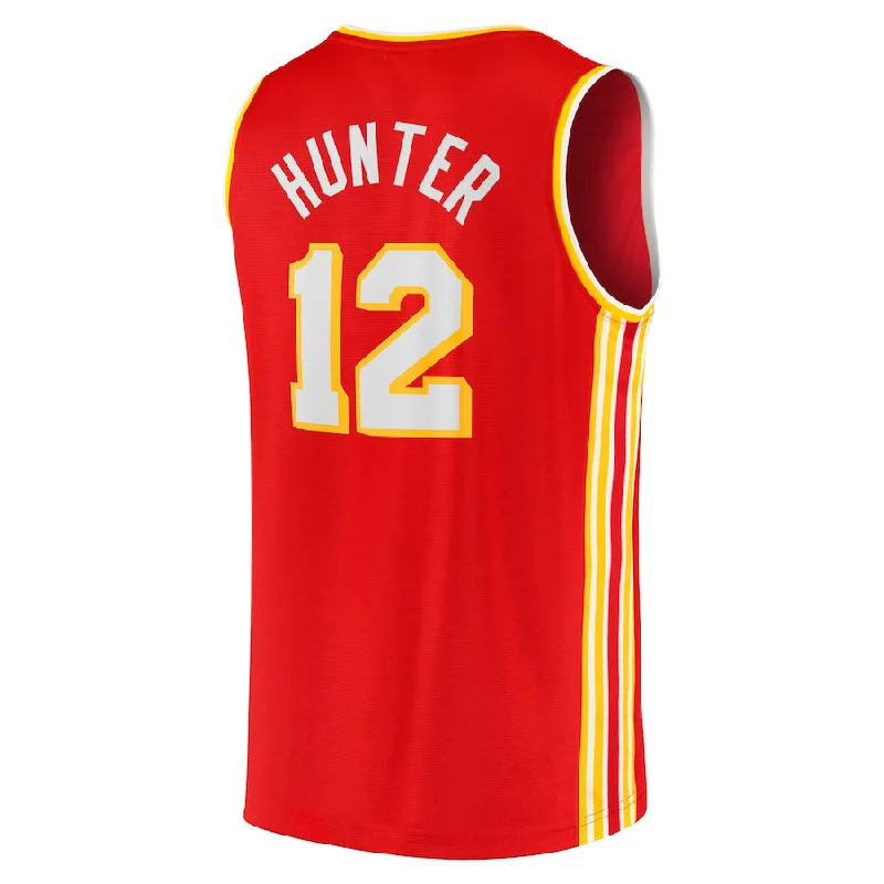 Basketball jersey with elastic waistband for comfort-A.Hawks #12 De'Andre Hunter Fanatics Branded 2021-22 Fast Break Replica Jersey Icon Edition Red Stitched American Basketball Jersey