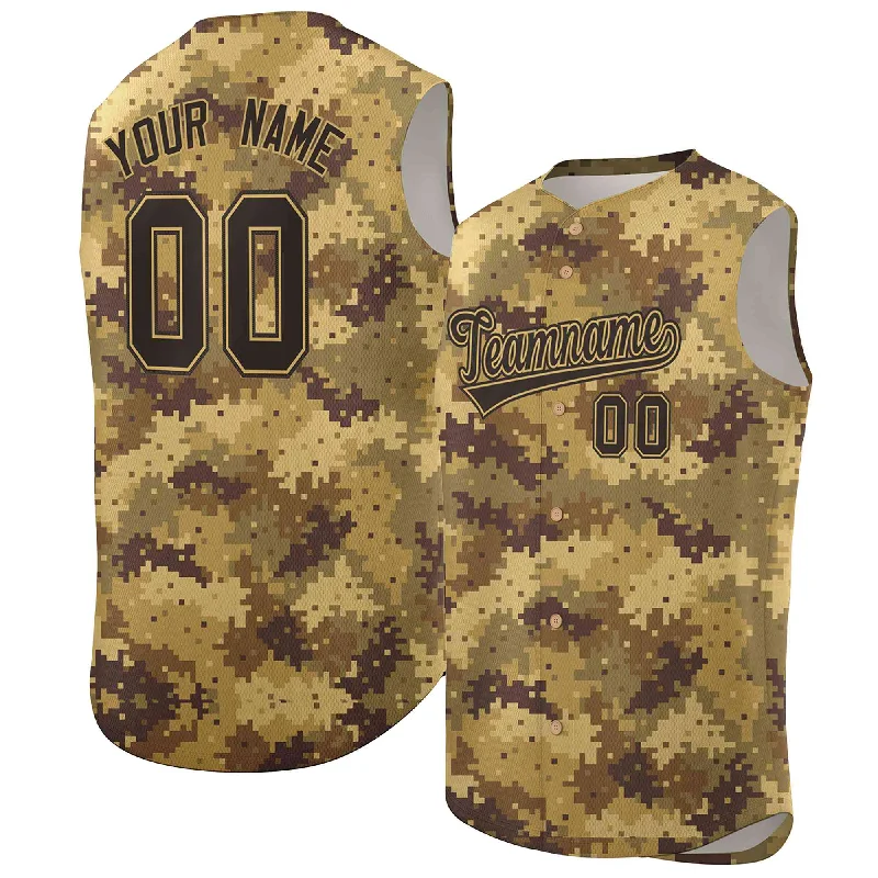 Baseball jersey with vibrant colors for game day-Custom Brown Old Gold-Black Camo Fashion Authentic Sleeveless Baseball Jersey