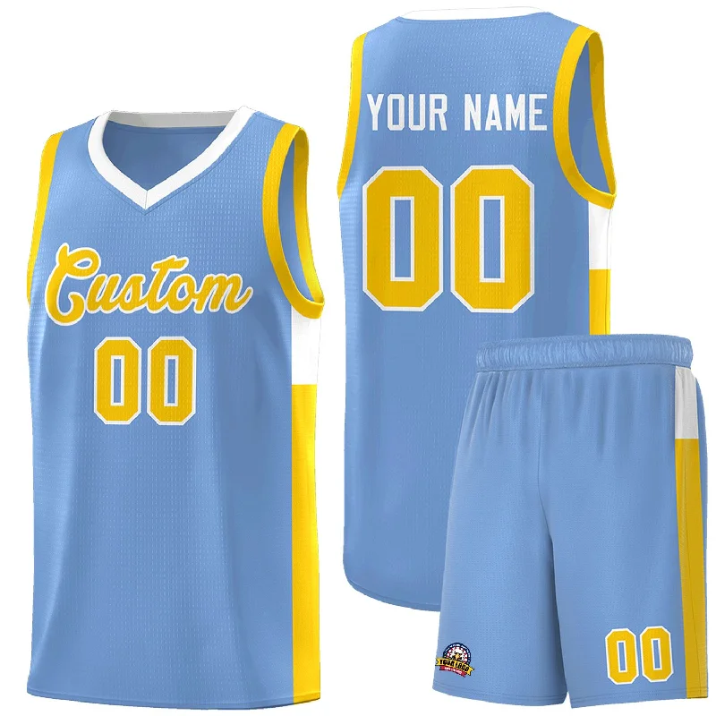 Custom basketball jersey for travel teams-Custom Light Blue Gold-White Side Two-Tone Classic Sports Uniform Basketball Jersey