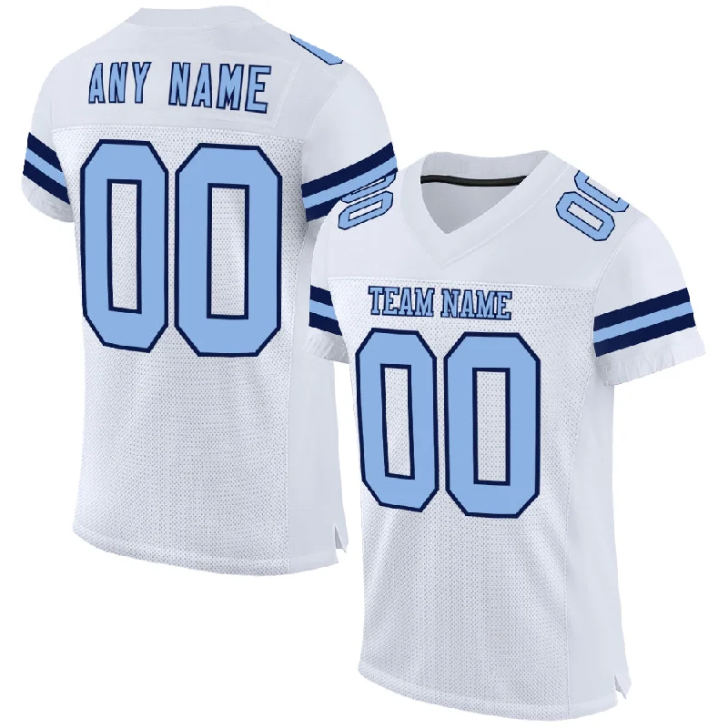 Soccer jersey with retro patches for a classic look-Custom White Light Blue-Navy Mesh Authentic Football Jersey