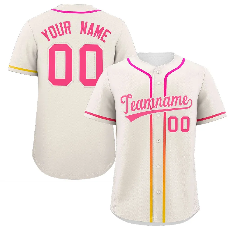 Personalized baseball jersey with embroidered team name-Custom Cream Pink Personalized Gradient Ribbed Design Authentic Baseball Jersey