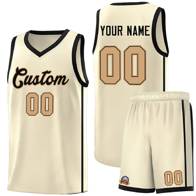 Custom basketball jersey for game day wear-Custom Cream Black-Old Gold Side Two Bars Sports Uniform Basketball Jersey