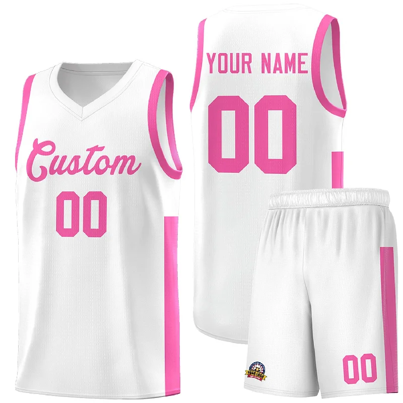 Basketball jersey with unique fabric blends for comfort-Custom White Pink Side Two-Tone Classic Sports Uniform Basketball Jersey