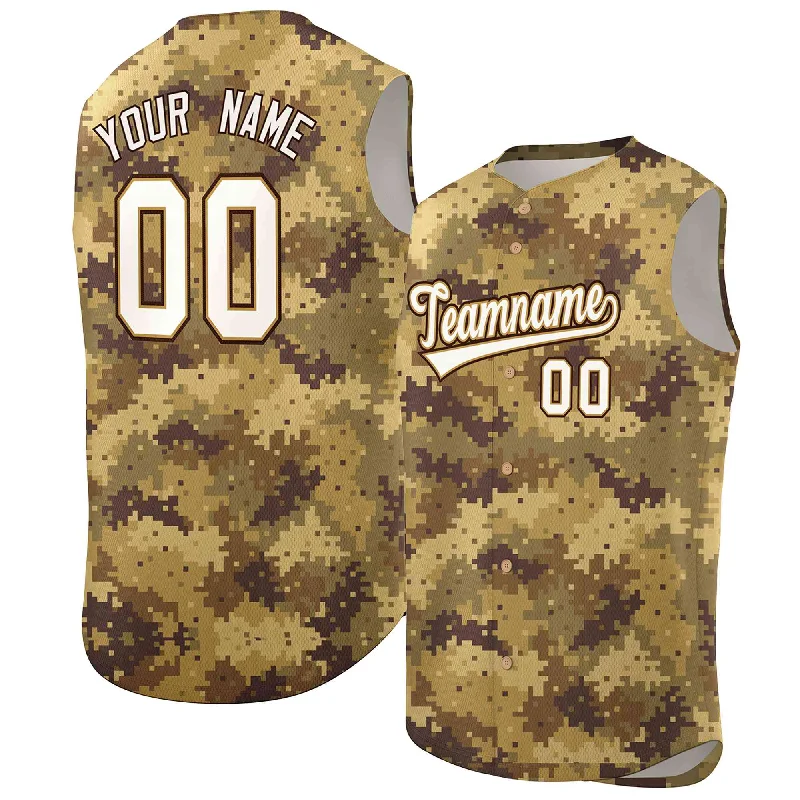 Classic baseball jersey with modern design details-Custom Brown Old Gold-White Camo Fashion Authentic Sleeveless Baseball Jersey