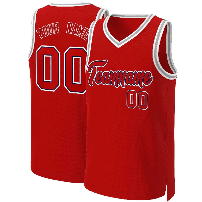 Custom basketball jersey with player details on the back-Custom Red Red-Navy Classic Tops Basketball Jersey