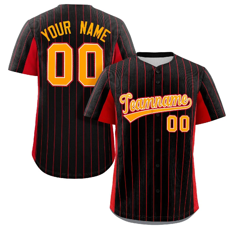 Lightweight baseball jersey for warm weather games-Custom Black Red-Yellow Stripe Fashion Design Full Button Authentic Baseball Jersey