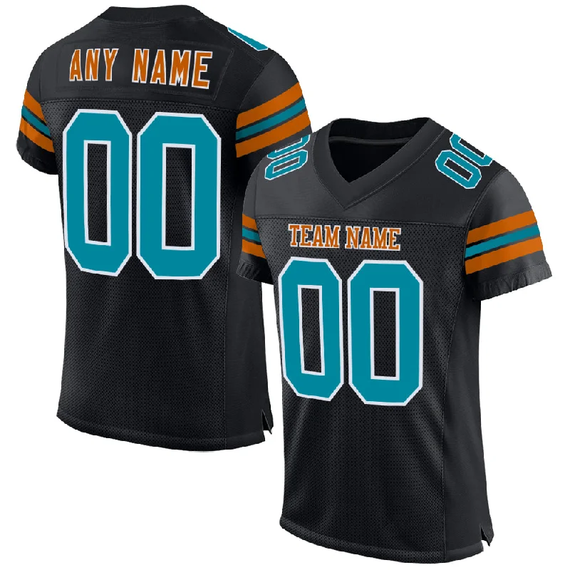 Personalized soccer jersey with retro design elements-Custom Black Teal-Texas Orange Mesh Authentic Football Jersey