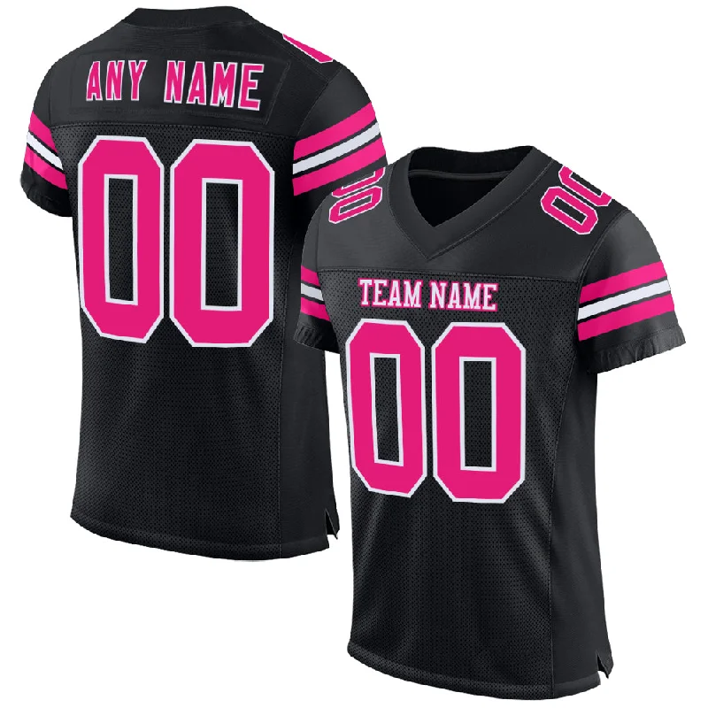 Personalized soccer jersey for family teams-Custom Black Hot Pink-White Mesh Authentic Football Jersey