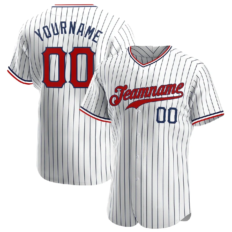 Authentic baseball jersey for fans-Custom White Navy Pinstripe Red-Navy Authentic Baseball Jersey