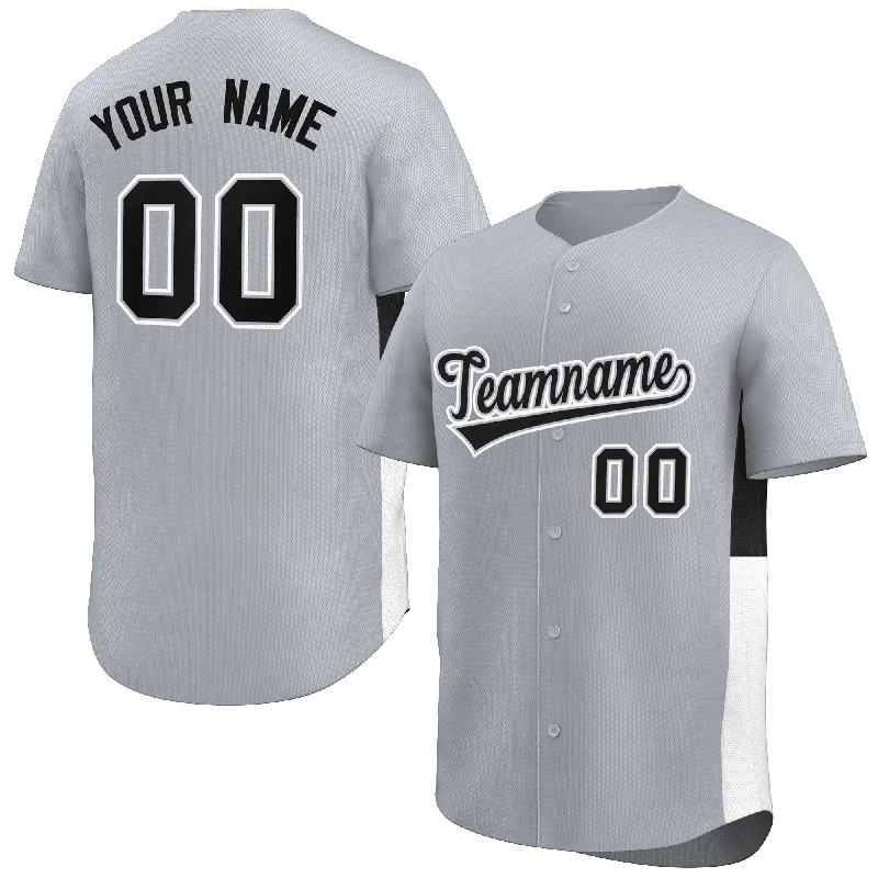 Baseball jersey with contrast stitching and piping-Custom Gray Black-White Personalized Side Two-Tone Design Authentic Baseball Jersey