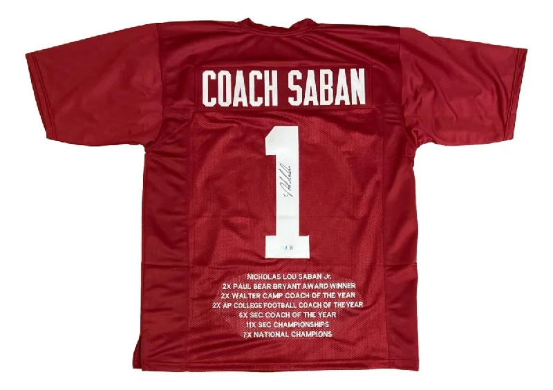 Custom soccer jersey for professional leagues-Nick Saban Alabama Signed Crimson Stat Football Jersey BAS