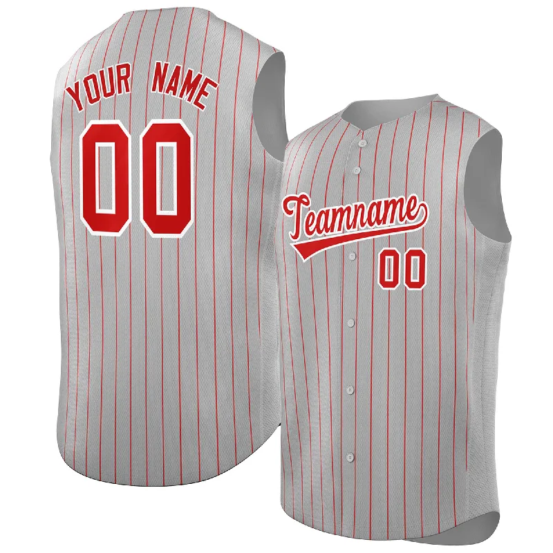 Custom baseball jersey with modern fit for active play-Custom Gray Red-White Sleeveless Stripe Fashion Baseball Jersey