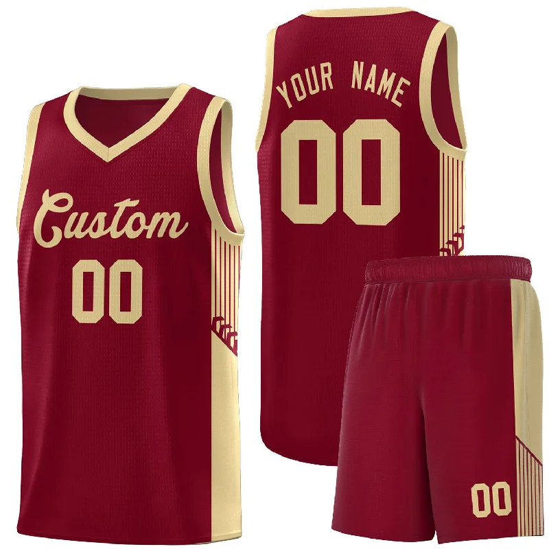 Custom basketball jersey for teams-Custom Crimson Khaki Side Stripe Fashion Sports Uniform Basketball Jersey