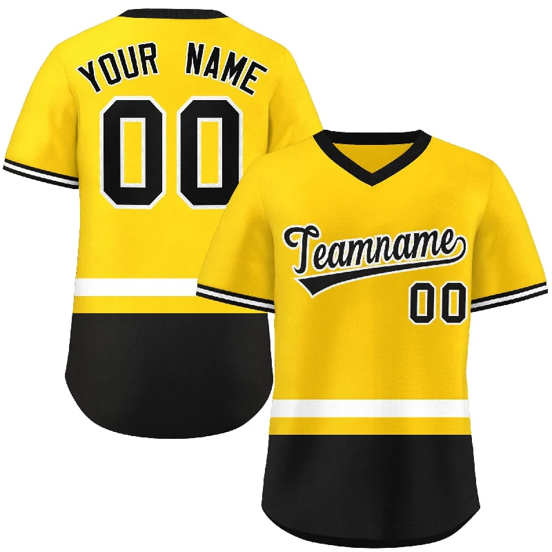 Custom baseball jersey for amateur leagues-Custom Gold White-Black Color Block Personalized V-Neck Authentic Pullover Baseball Jersey