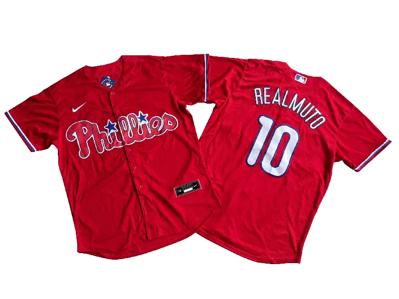 Lightweight baseball jersey for warm weather games-Men's Philadelphia Phillies 10# J.T. Realmuto Red Cool Base Jersey