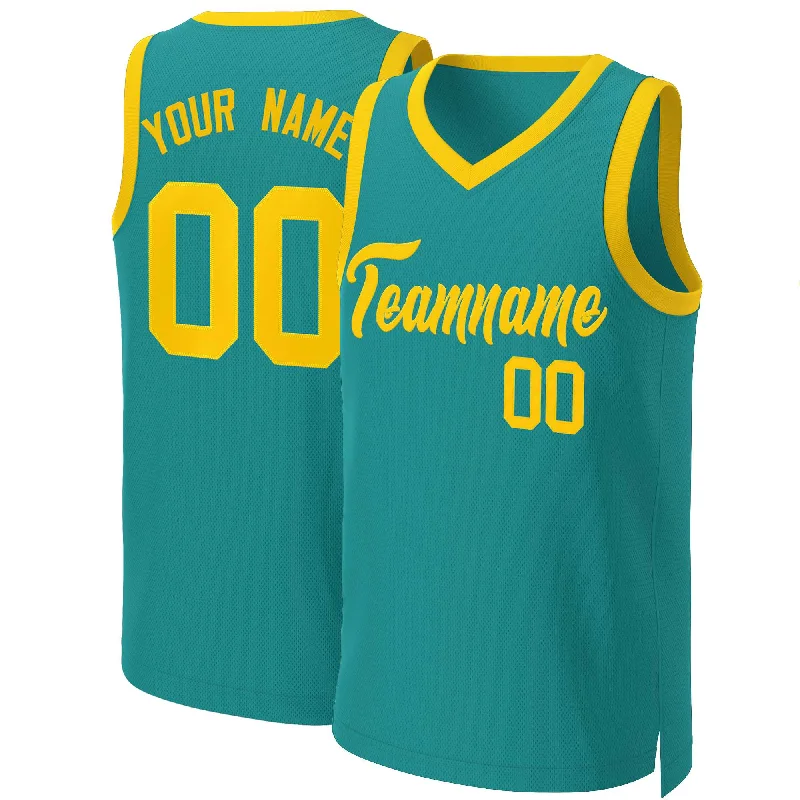 Personalized basketball jersey with team logo print-Custom Teal Yellow Classic Tops Basketball Jersey