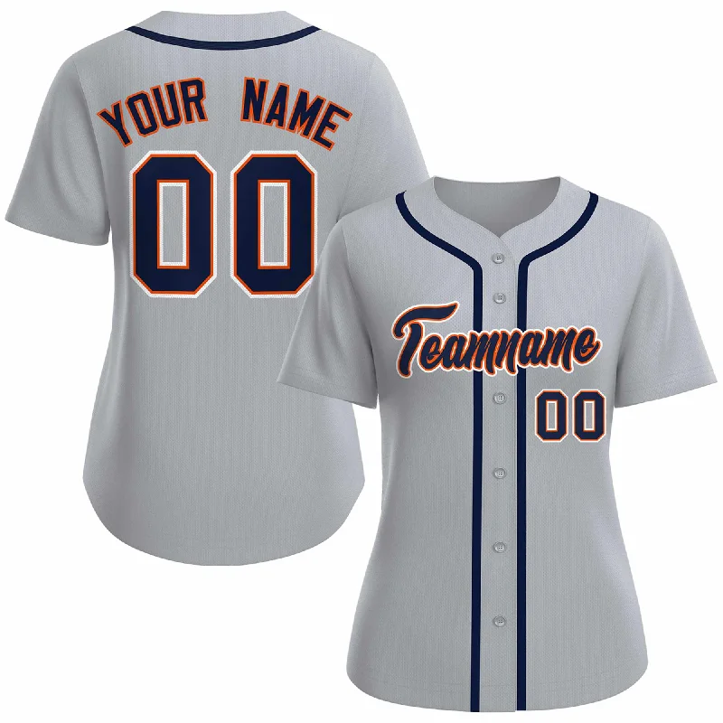 Custom baseball jersey with adjustable features for comfort-Custom Gray Navy Orange Classic Style Baseball Jersey for Women