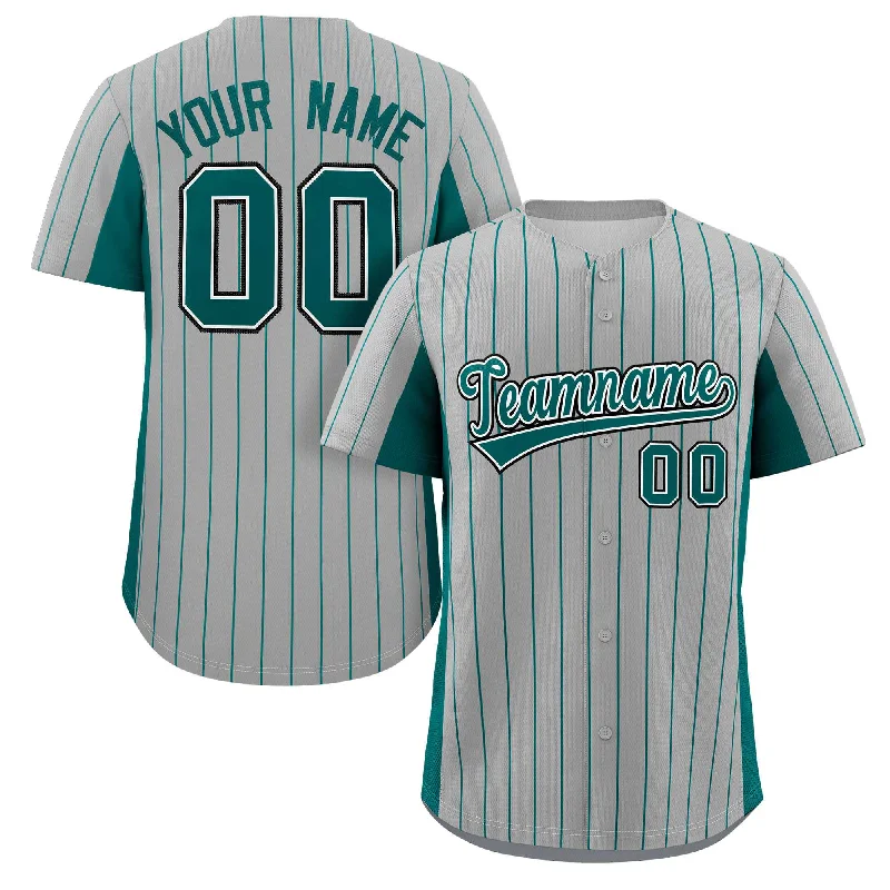 Custom baseball jersey for high school teams-Custom Gray Midnight Green Stripe Fashion Design Full Button Authentic Baseball Jersey