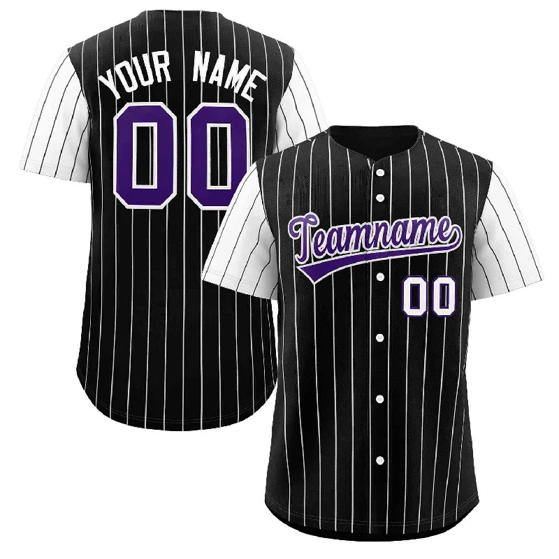 Personalized baseball jersey with front and back prints-Custom Black Purple-White Stripe Fashion Raglan Sleeves Authentic Baseball Jersey