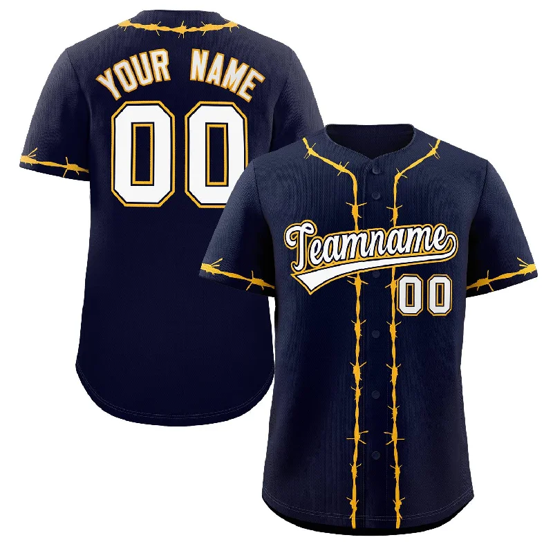 Baseball jersey with breathable mesh fabric-Custom Navy Gold Thorns Ribbed Classic Style Authentic Baseball Jersey