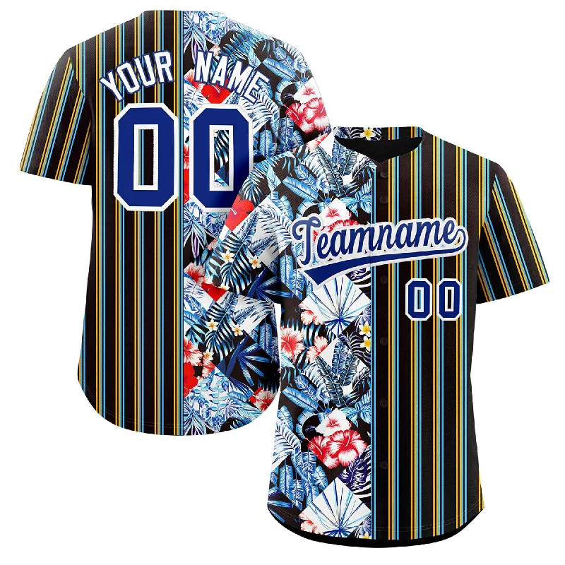 Custom baseball jersey for alumni events-Custom Black Royal Hawaii Tropical Flower Stripe Fashion Baseball Jersey