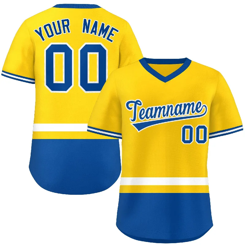 Custom baseball jersey for school teams-Custom Gold White-Royal Color Block Personalized V-Neck Authentic Pullover Baseball Jersey