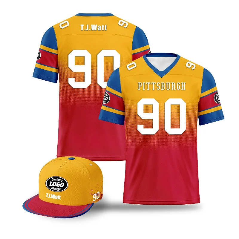 Custom soccer jersey with stripes and bold designs-Custom Yellow Red Pittsburgh Football Jersey and Hat Combo Offer Personalized Combo ZH-D020326-30