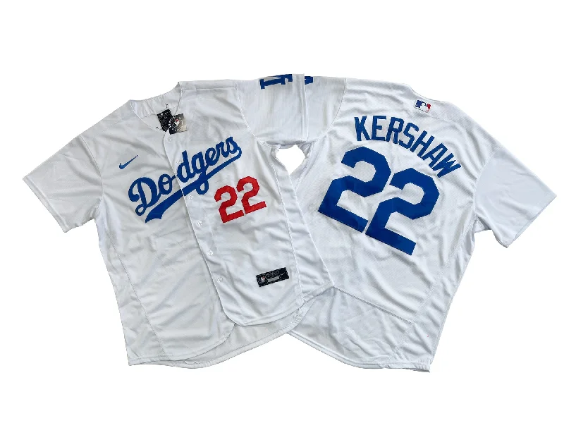 Custom baseball jersey with sublimated graphics-Los Angeles Dodgers 22# Clayton Kershaw Flex base  White jersey