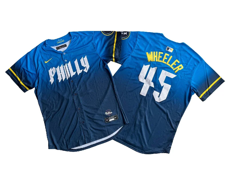 Custom baseball jersey for club teams and amateur leagues-KID Youth Philadelphia Phillies Zack Wheeler #45 Blue 2024 City Connect Limited Player Jersey