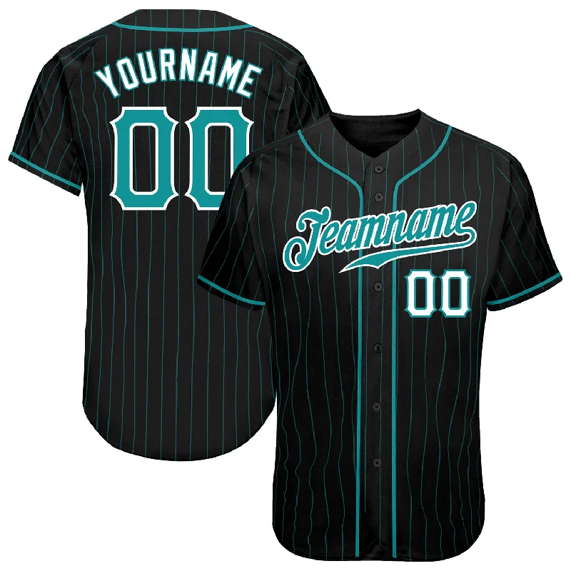 Personalized baseball jersey for gifts-Custom Black Aqua Pinstripe Teal-White Authentic Baseball Jersey