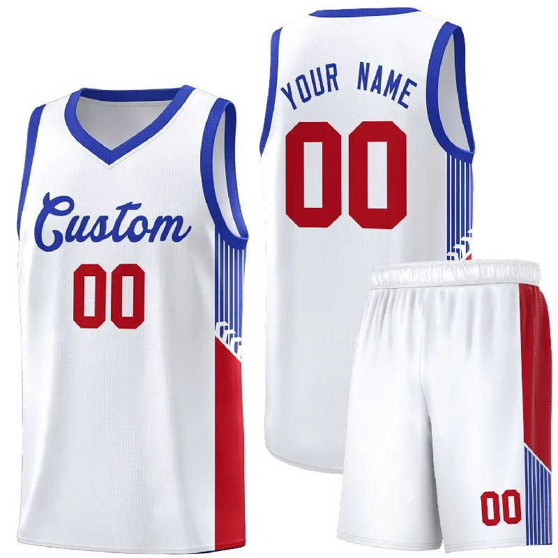 Personalized basketball jersey with team logos and slogans-Custom White Royal Side Stripe Fashion Sports Uniform Basketball Jersey